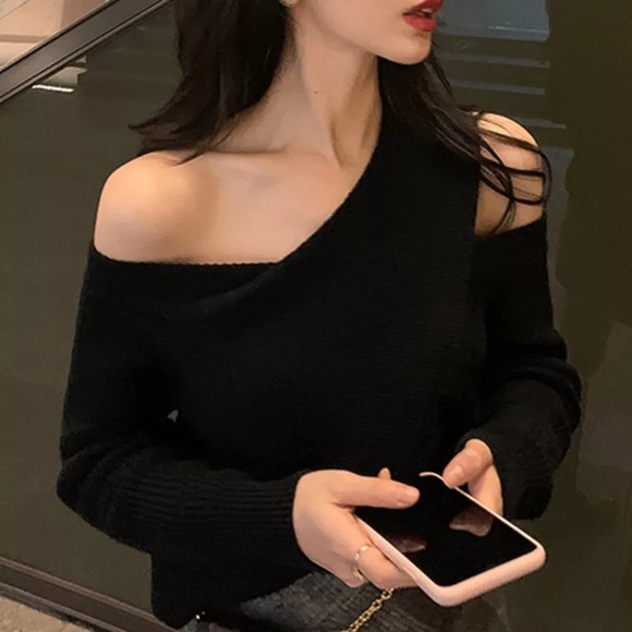Sweaters - Wool Sweater one shoulder sexy black off shoulder top long sleeve duo-style